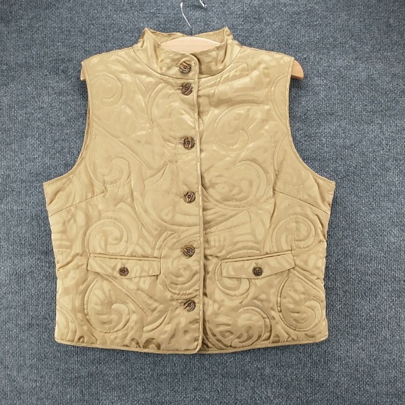 Tommy Bahama Women's Button-Up Silk Vest Tan Large 12-14 Flap Pockets Lined - Picture 2 of 14